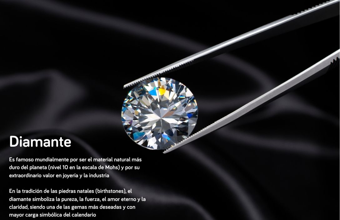 Macrofotografía de un diamante talla brillante sostenido por pinzas de joyero sobre un fondo negro abstracto, ilustrando la guía de piedras de nacimiento de Joyería Marga Mira. El texto superpuesto, con el título "Diamante", describe las características y el simbolismo de la gema: "Es famoso mundialmente por ser el material natural más duro del planeta (nivel 10 en la escala de Mohs) y por su extraordinario valor en joyería y la industria. En la tradición de las piedras natales (birthstones), el diamante simboliza la pureza, la fuerza, el amor eterno y la claridad, siendo una de las gemas más deseadas y con mayor carga simbólica del calendario."